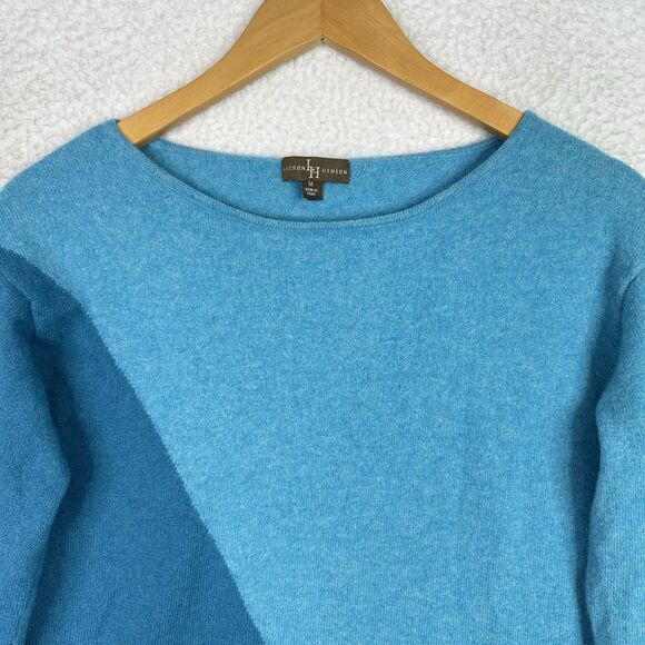 Lauren Hansen 100% Cashmere Sweater Women’s M Blue Colorblock Pullover Soft Knit - Picture 2 of 10